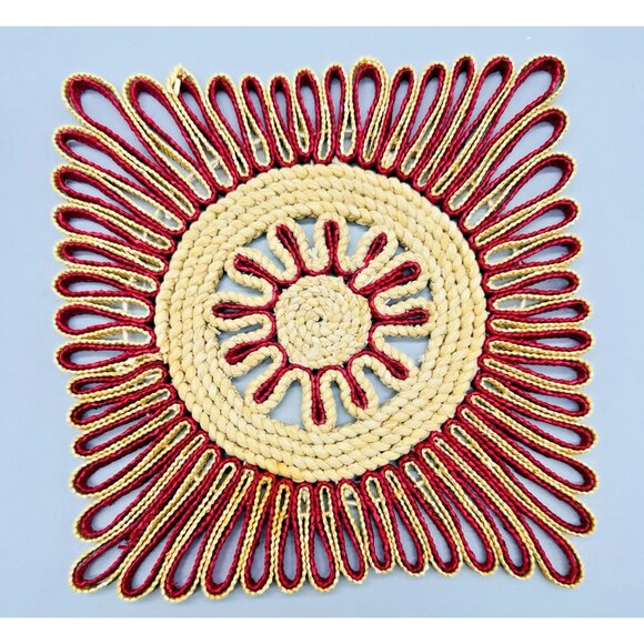 Rafia Woven Colorful Trivets Boho Style Decor Set of 4 1970s Red Square 7 inch - Picture 6 of 7